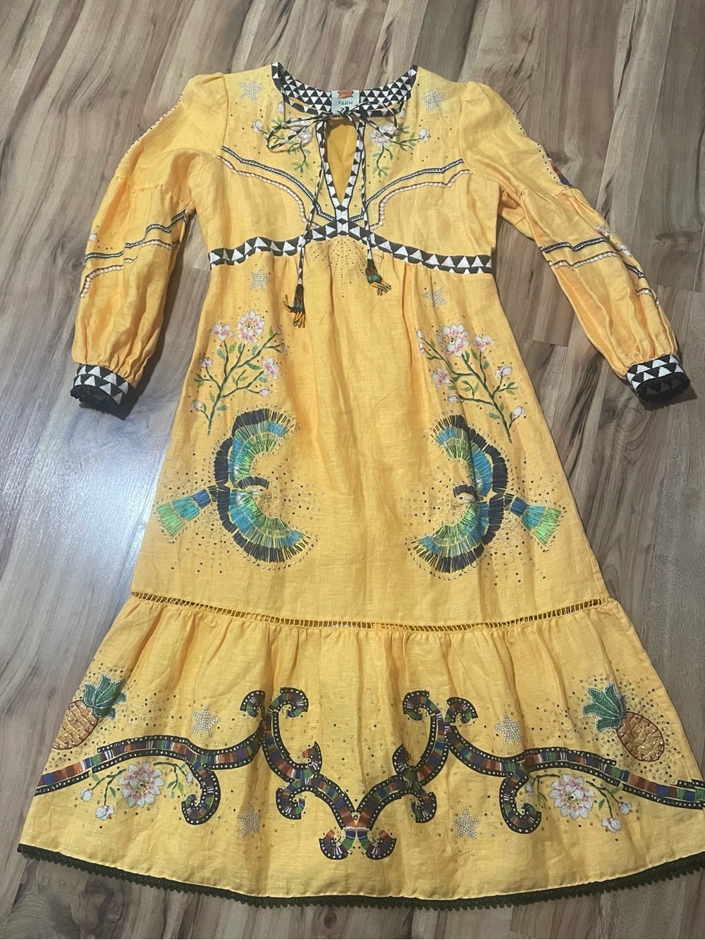 Farm Rio Borogodo Yellow Macaw Tassel Maxi Dress Linen Boho Size S